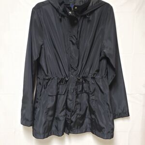 Basic Edition Women's Rain Coat Windbreaker Black Hooded Sz L Pre Owned Good